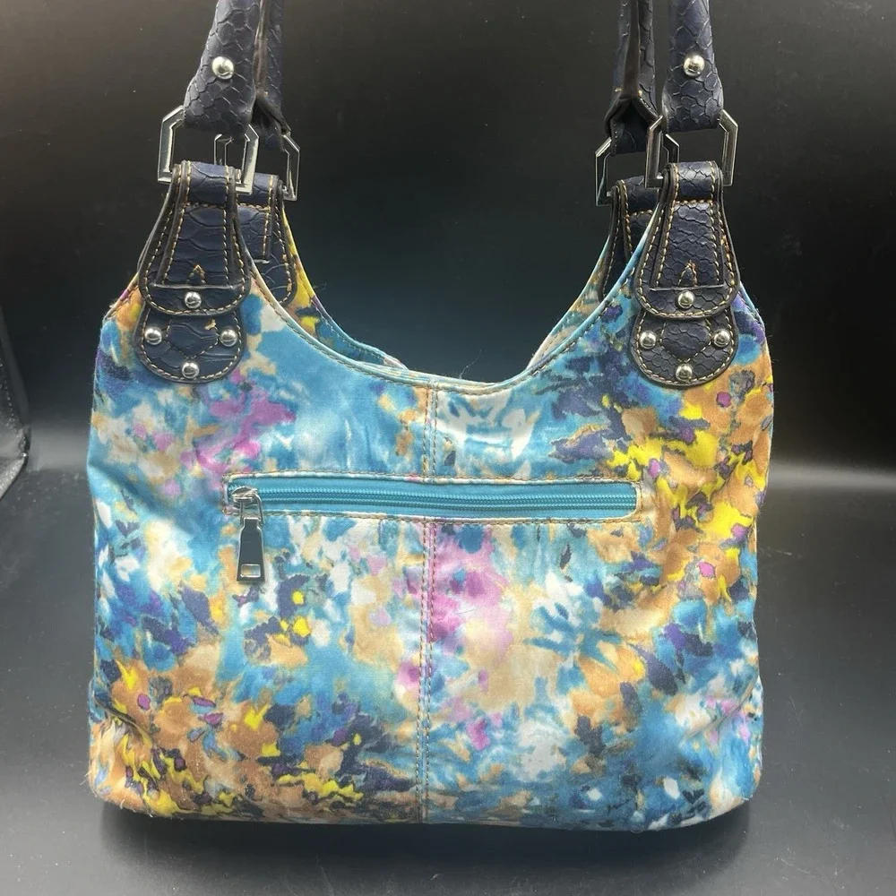 Wilson Leather Blue and Pink Water‎ Color Floral Fabric Hobo Bag Rare